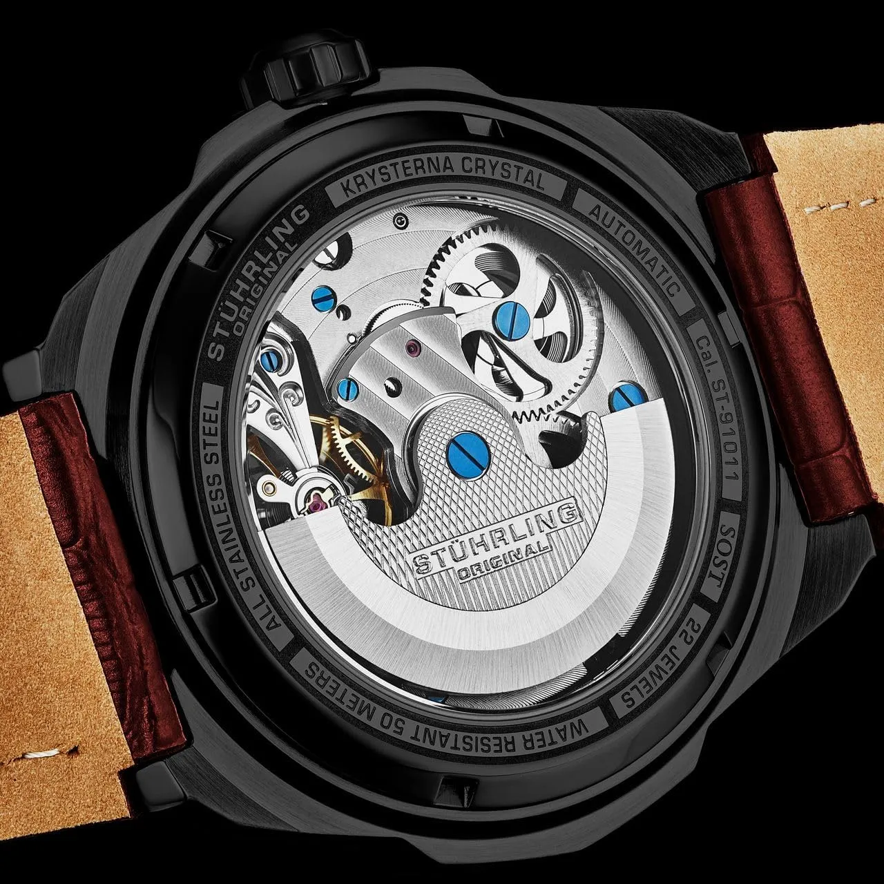 Stuhrling Original Dual Time Automatic Navigator Watch, 46mm Stainless Steel Case, Dual Time, Skeleton Dial, Sun/Moon Phase Indicator