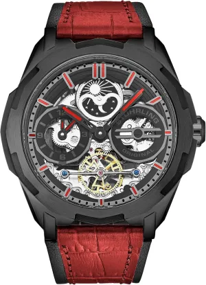 Stuhrling Original Dual Time Automatic Navigator Watch, 46mm Stainless Steel Case, Dual Time, Skeleton Dial, Sun/Moon Phase Indicator