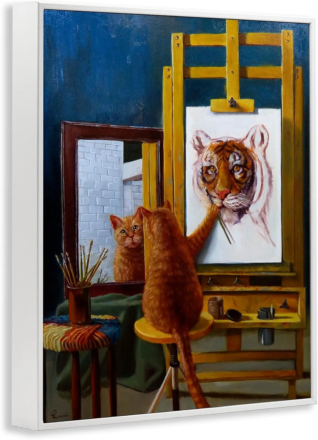 Stupell Industries Cat Confidence Self Portrait as a Tiger Funny Painting, Design by Lucia Heffernan White Framed Wall Art, 11 x 14, Multi-Color