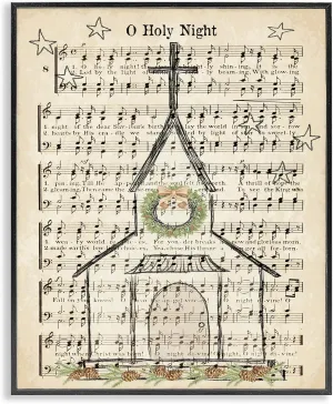 Stupell Industries Festive Winter Church Holy Night Musical Script, Designed by Andi Metz Black Framed Wall Art, 11 x 14, Tan