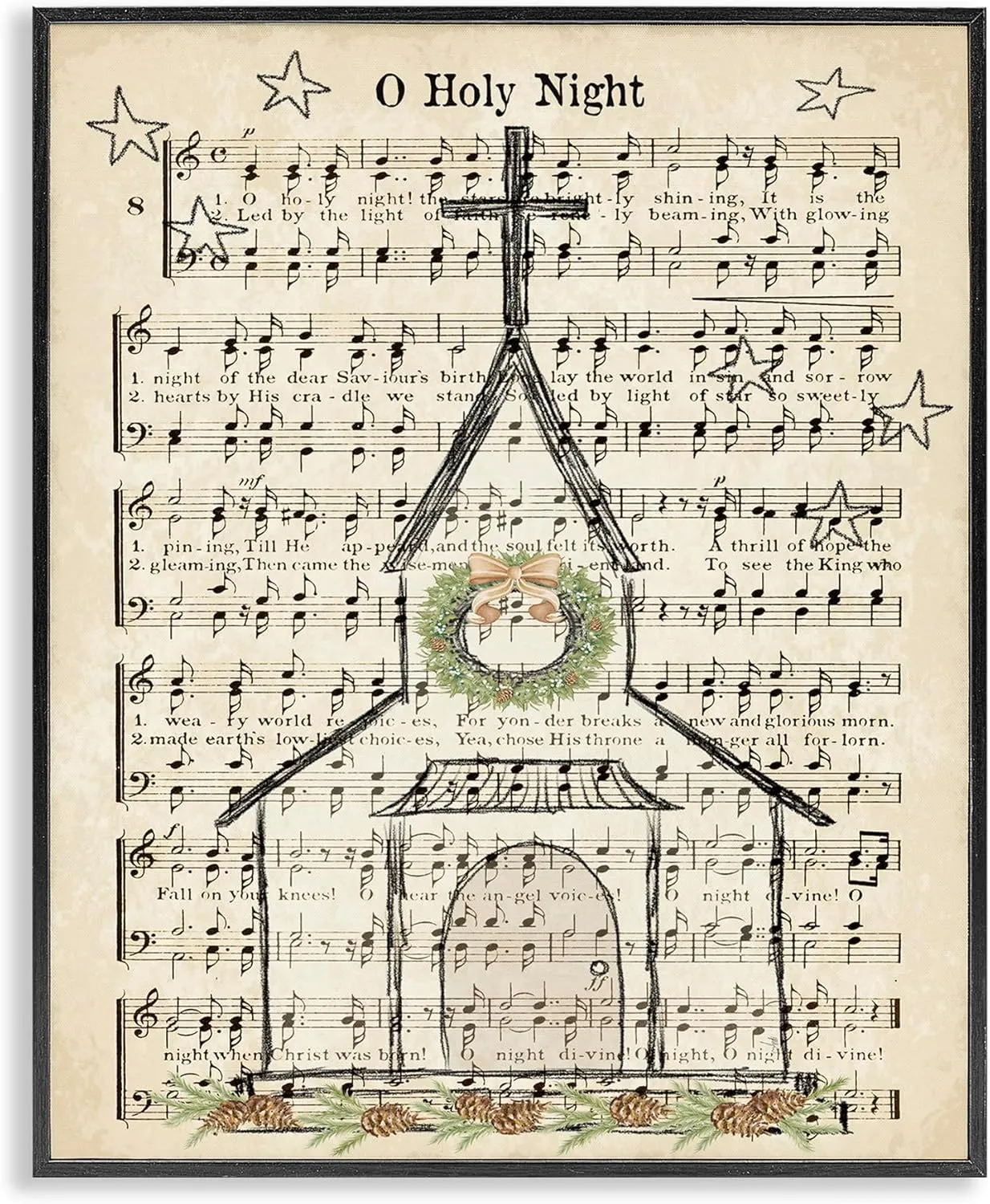 Stupell Industries Festive Winter Church Holy Night Musical Script, Designed by Andi Metz Black Framed Wall Art, 11 x 14, Tan