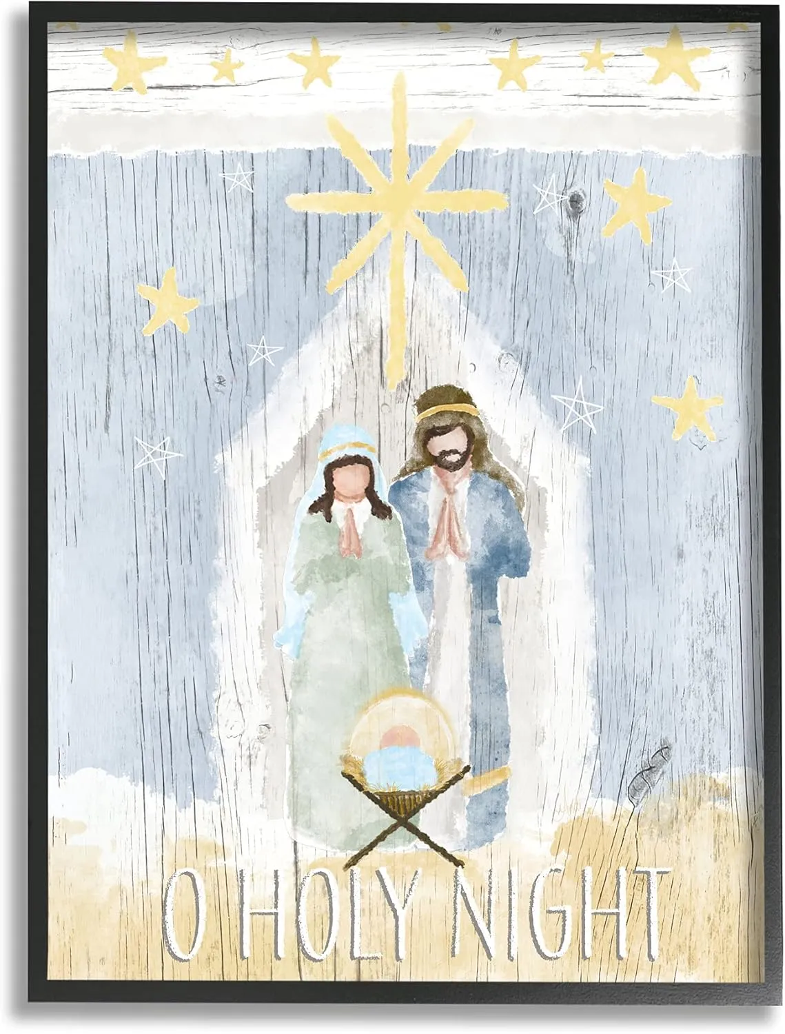 Stupell Industries Holy Night Holiday Nativity Stable Yellow Stars, Designed by Andi Metz Black Framed Wall Art, 11 x 14, Blue