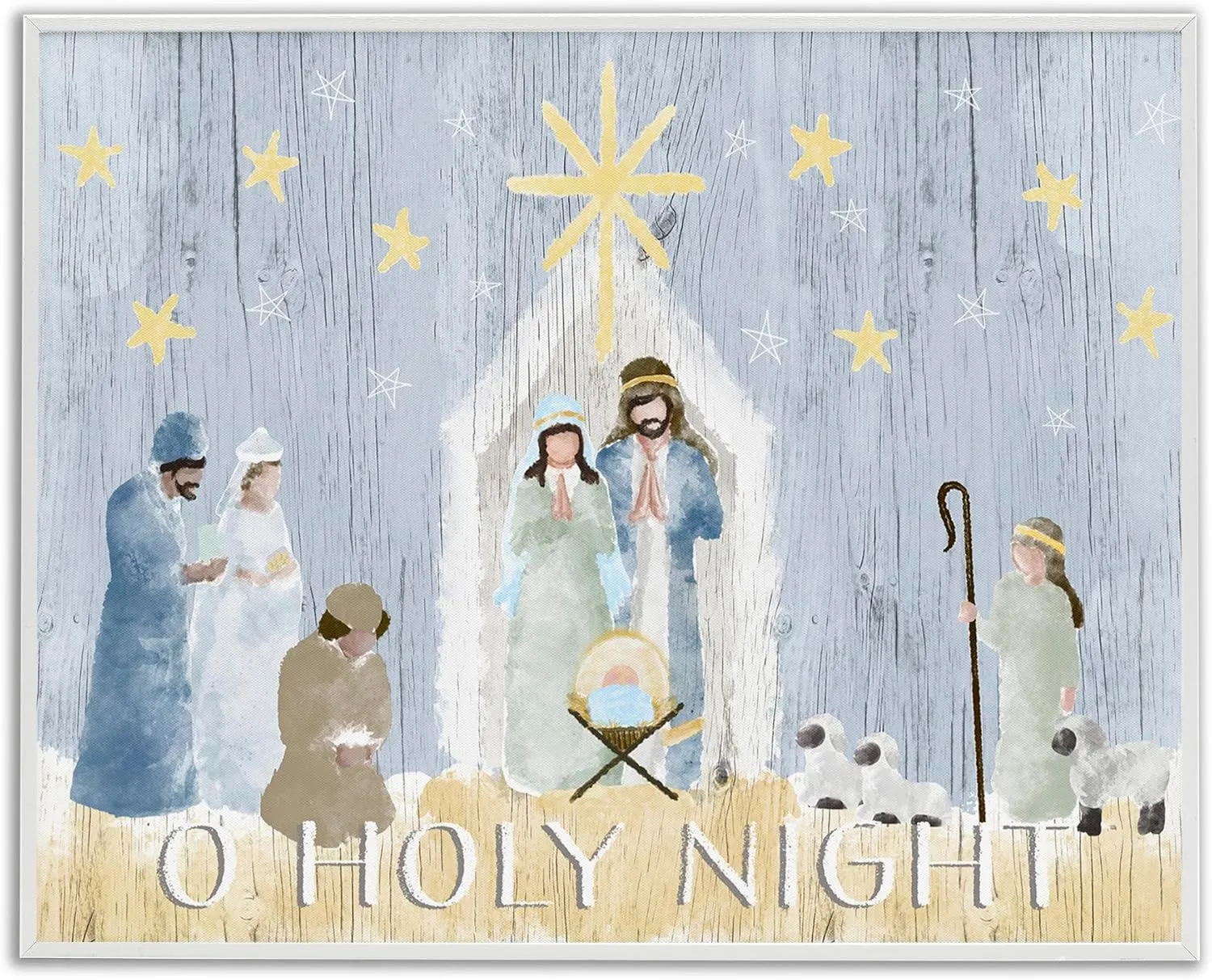 Stupell Industries Nativity Barn Stable Christmas Holiday Rustic Scene, Designed by Andi Metz White Framed Wall Art, 16x20, Blue