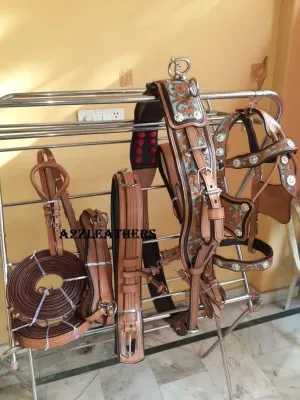 Stylish Natural Brown 3 Tone Color Leather Driving Harness For Single Horse Cart In 4 Size