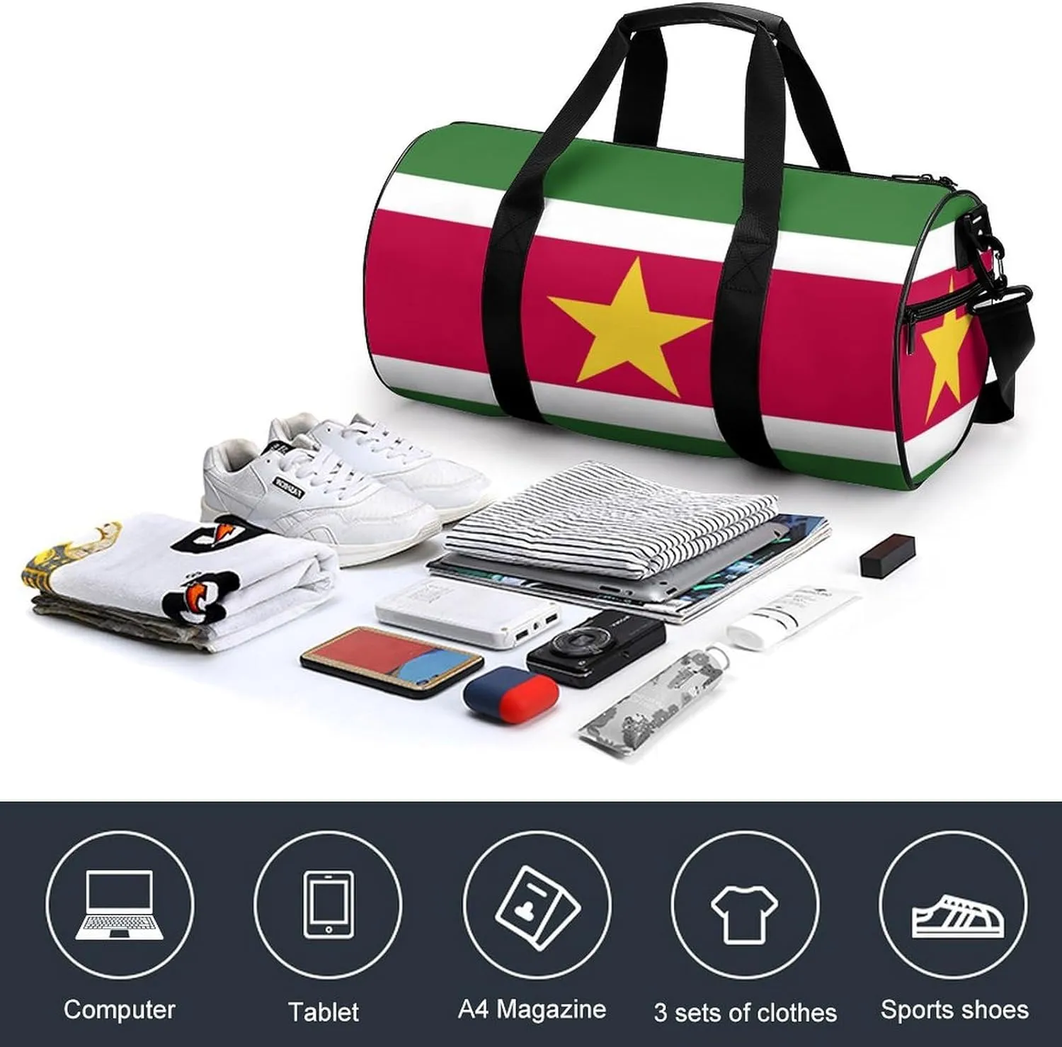 Suriname Flag Waterproof Sports Duffel Bag with Dry Wet Separation for Gym Beach Travel