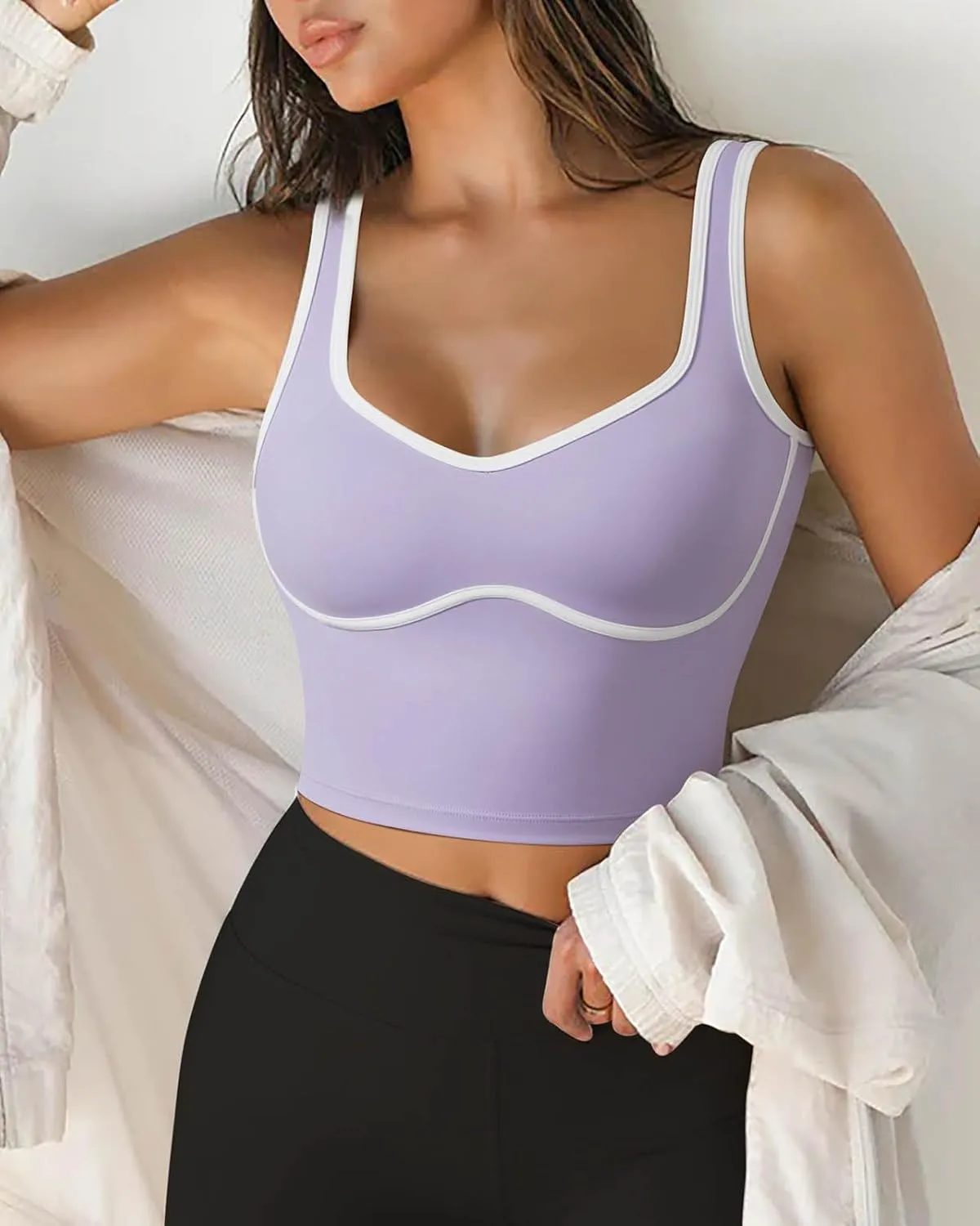 SUUKSESS Women Sweetheart Neckline Longline Sports Bra Padded Basic Workout Crop Tank Top