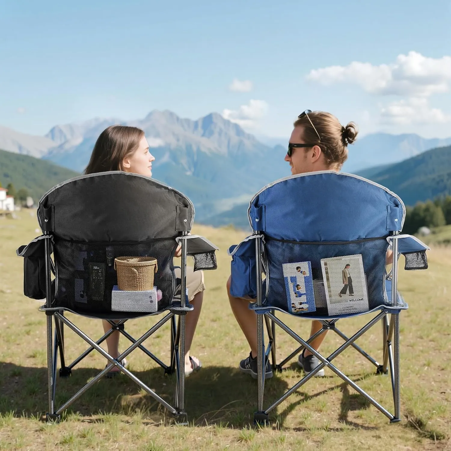 Sweetcrispy Camping Folding Chair, Heavy Duty Support - Foldable Padded Seat with Side Pockets, Cup Holder & Insulated Cooler Bag for Camping, Beach, Fishing, Outdoor Events, Bluegrey