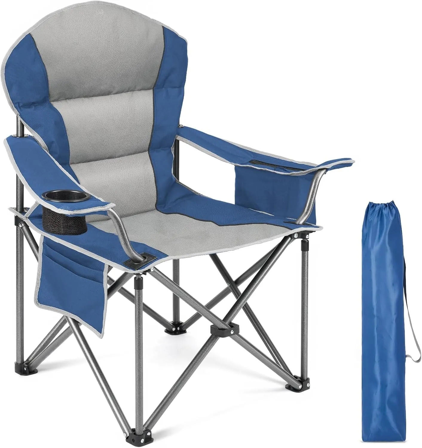 Sweetcrispy Camping Folding Chair, Heavy Duty Support - Foldable Padded Seat with Side Pockets, Cup Holder & Insulated Cooler Bag for Camping, Beach, Fishing, Outdoor Events, Bluegrey