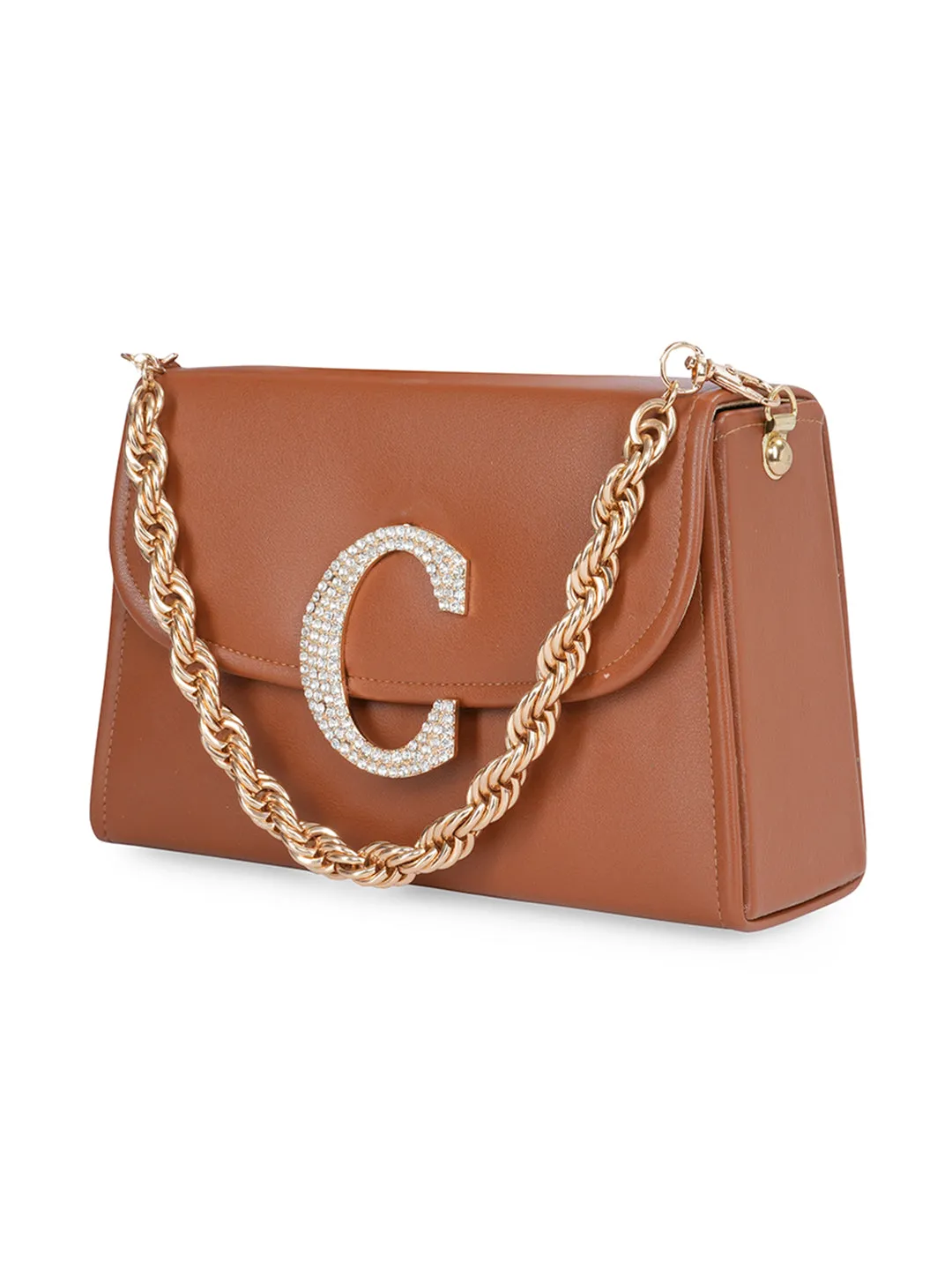 Tan C Alphabhet Intial Embellised Flap Bag