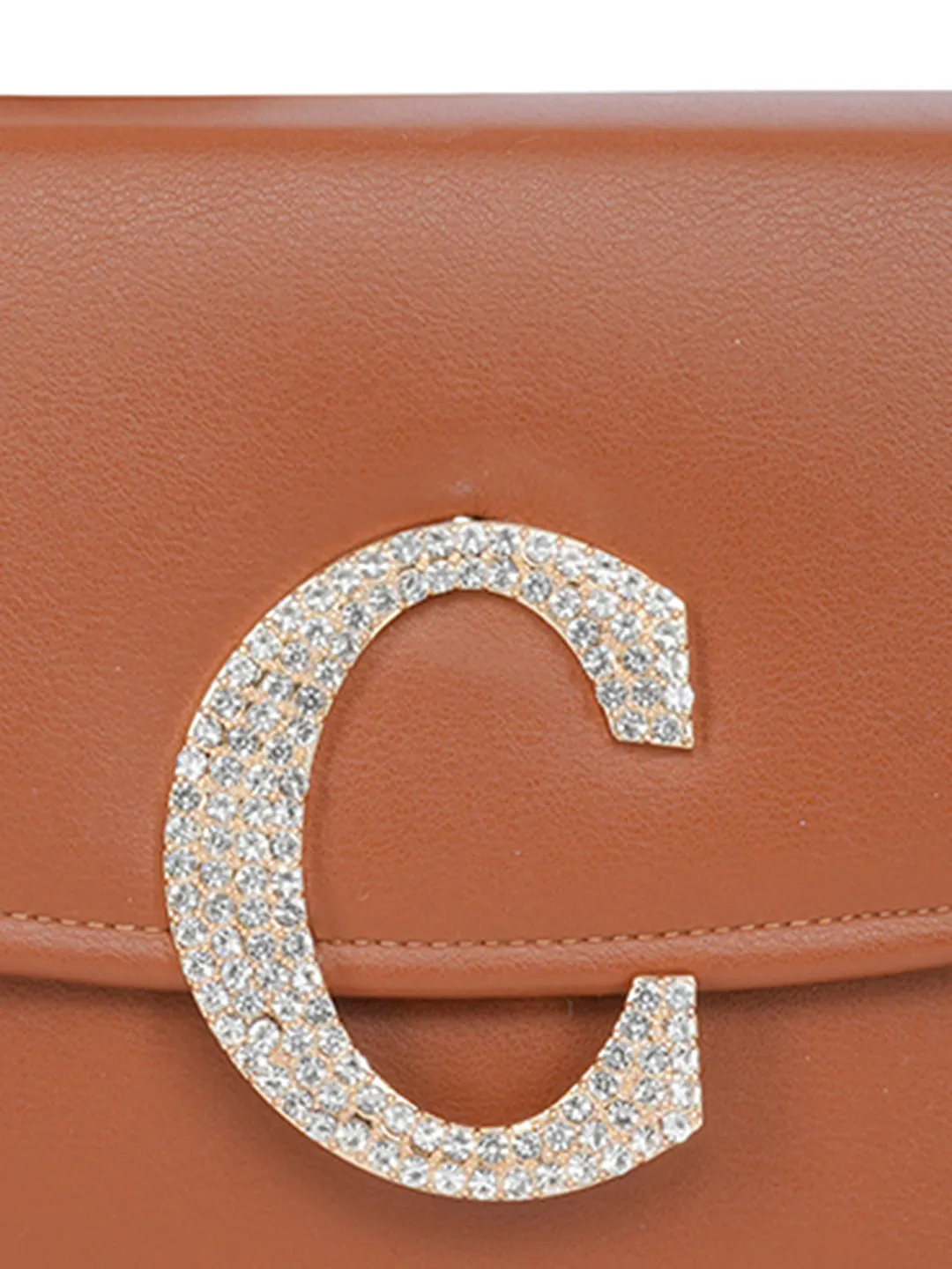 Tan C Alphabhet Intial Embellised Flap Bag