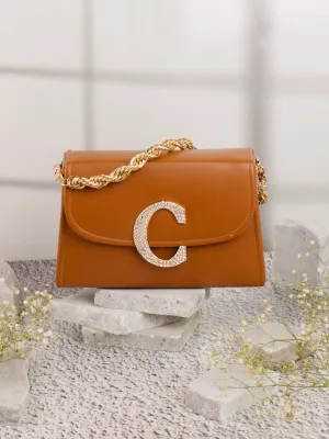 Tan C Alphabhet Intial Embellised Flap Bag
