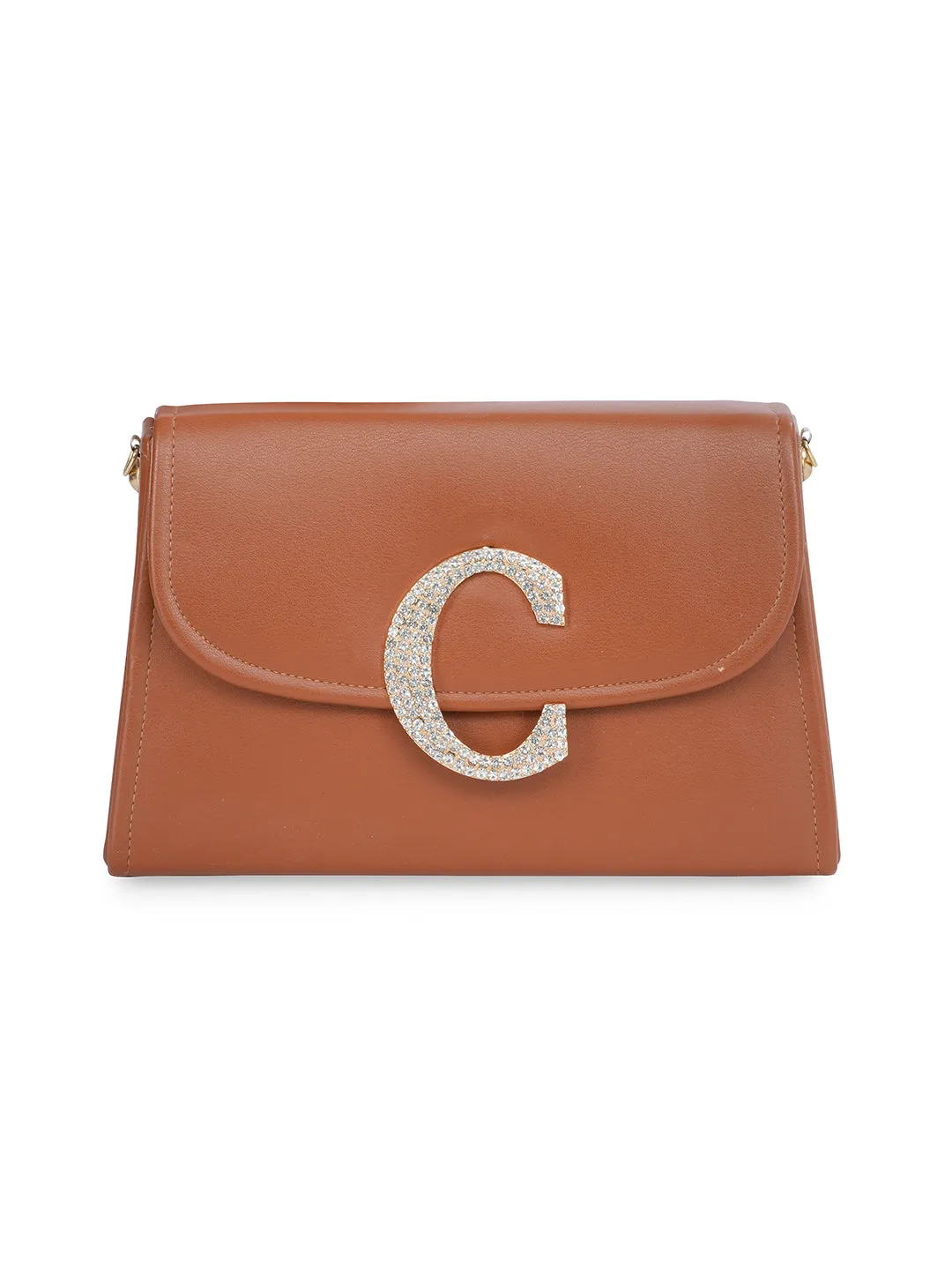Tan C Alphabhet Intial Embellised Flap Bag