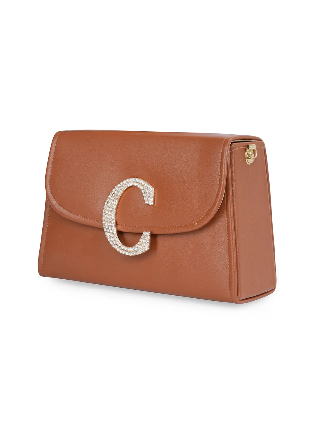 Tan C Alphabhet Intial Embellised Flap Bag