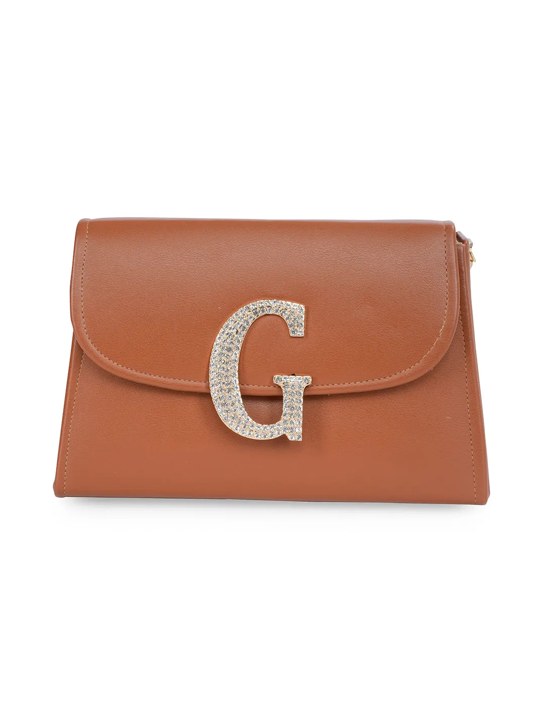 Tan G Alphabhet Intial Embellised Flap Bag