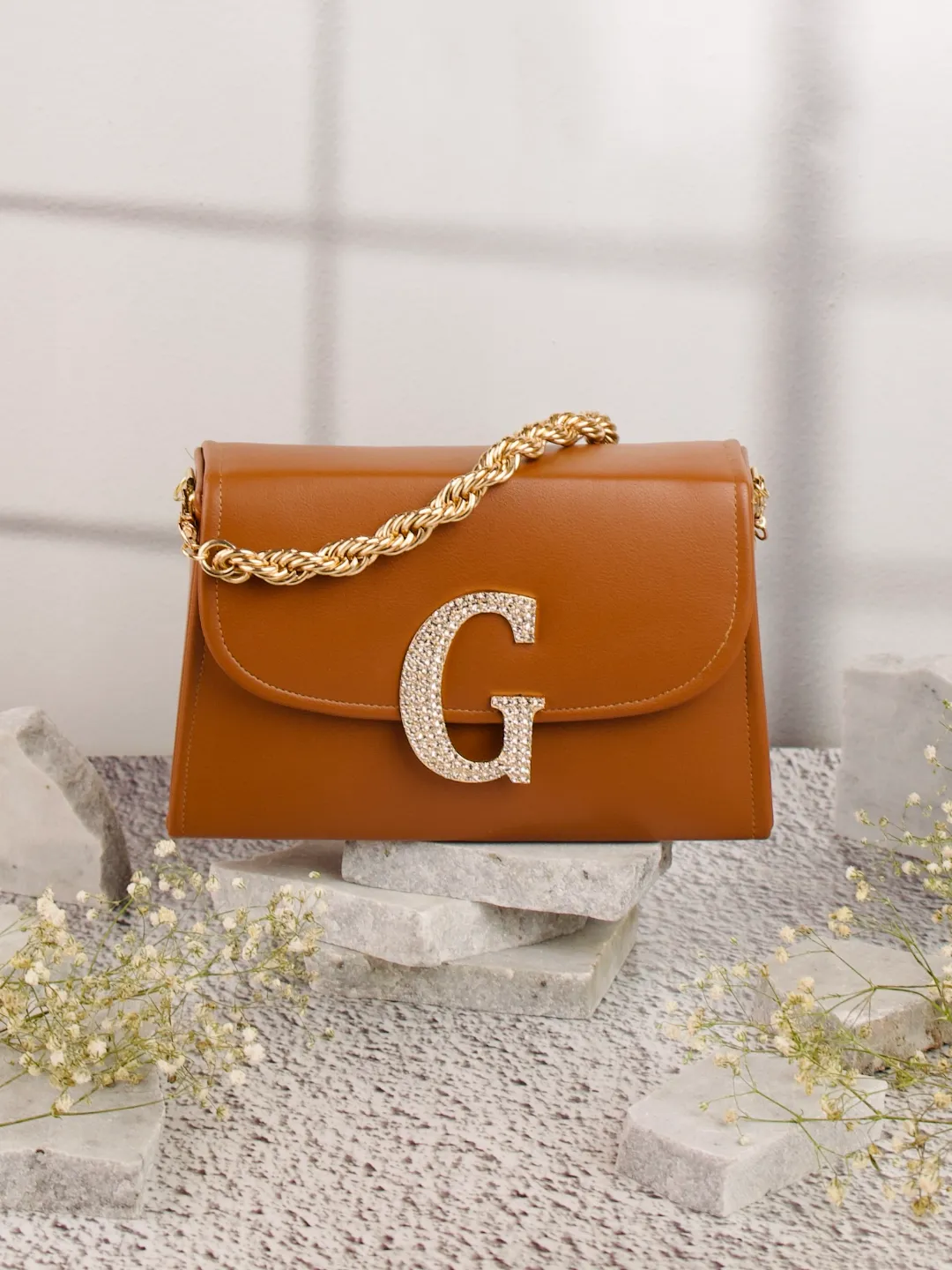 Tan G Alphabhet Intial Embellised Flap Bag
