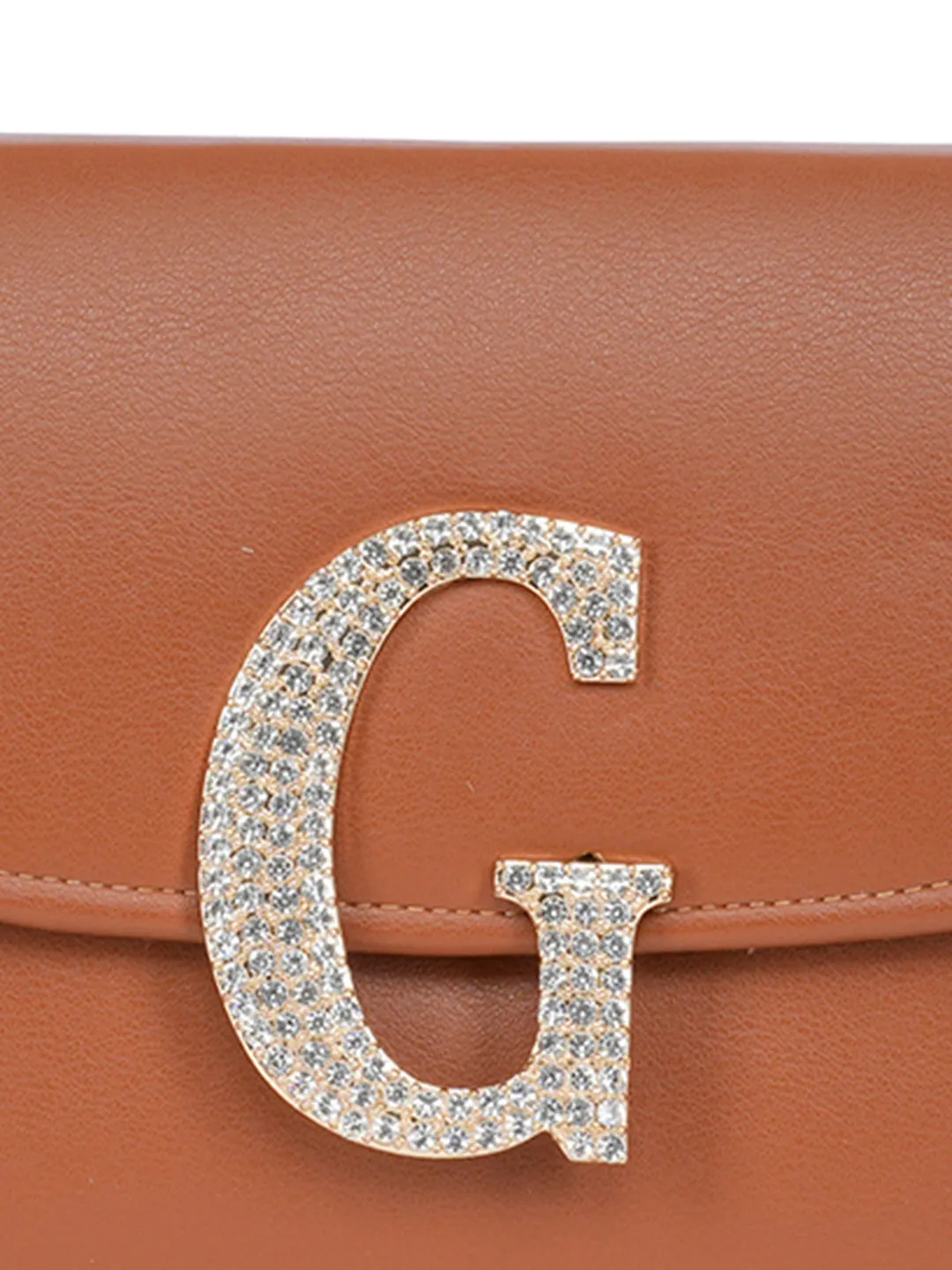 Tan G Alphabhet Intial Embellised Flap Bag