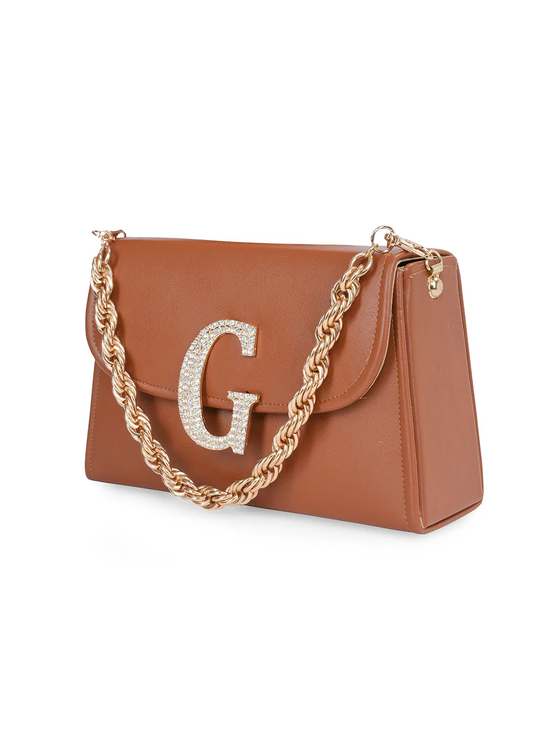 Tan G Alphabhet Intial Embellised Flap Bag