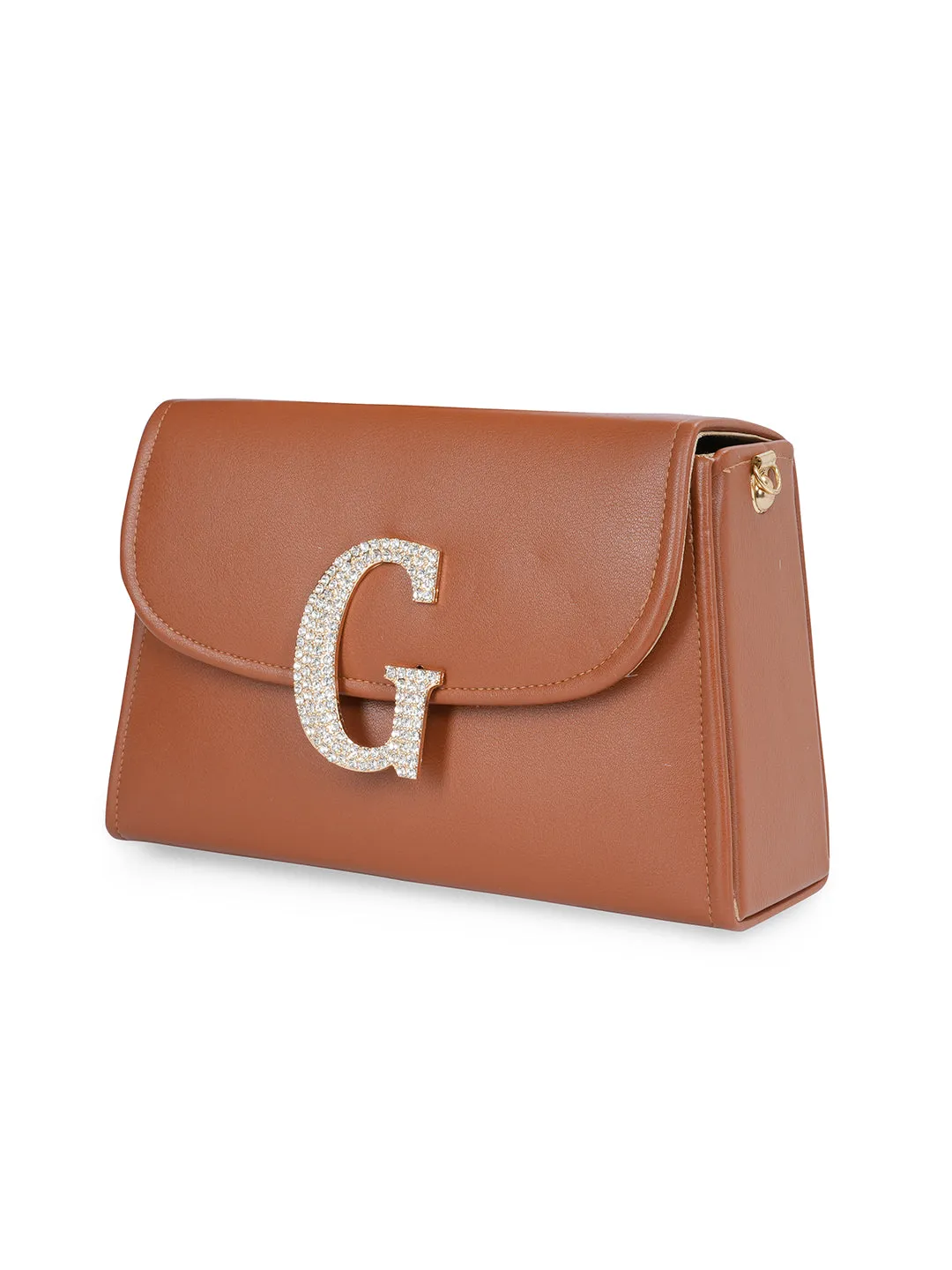 Tan G Alphabhet Intial Embellised Flap Bag