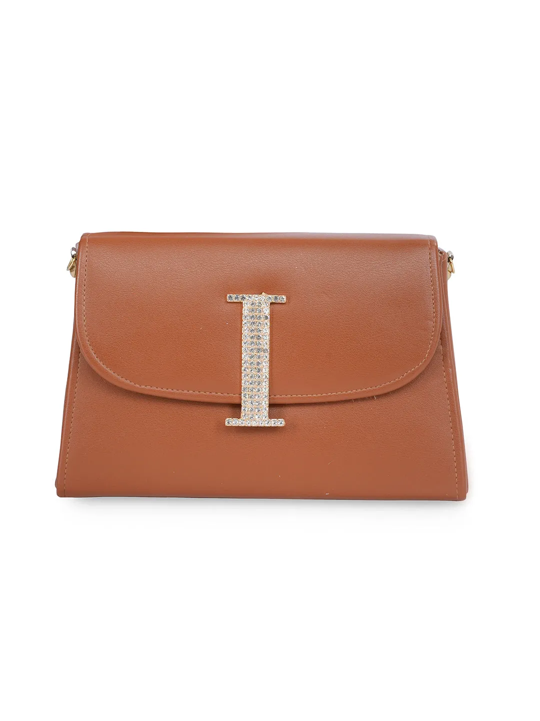 Tan I Alphabhet Intial Embellised Flap Bag