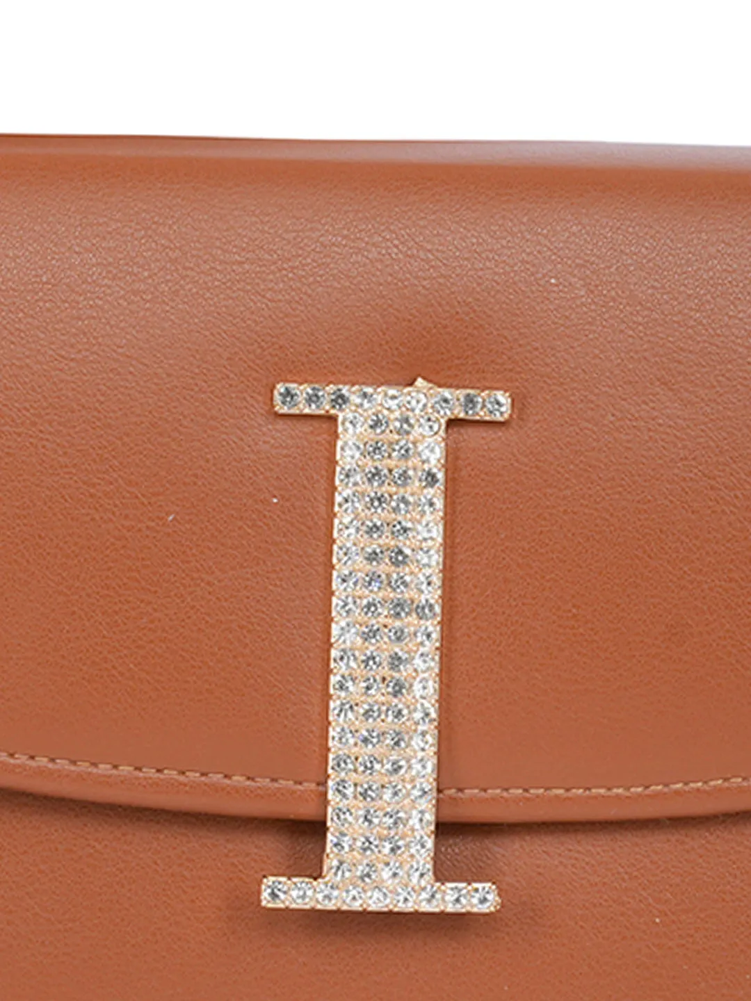 Tan I Alphabhet Intial Embellised Flap Bag