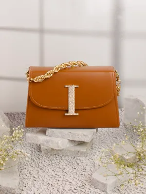 Tan I Alphabhet Intial Embellised Flap Bag