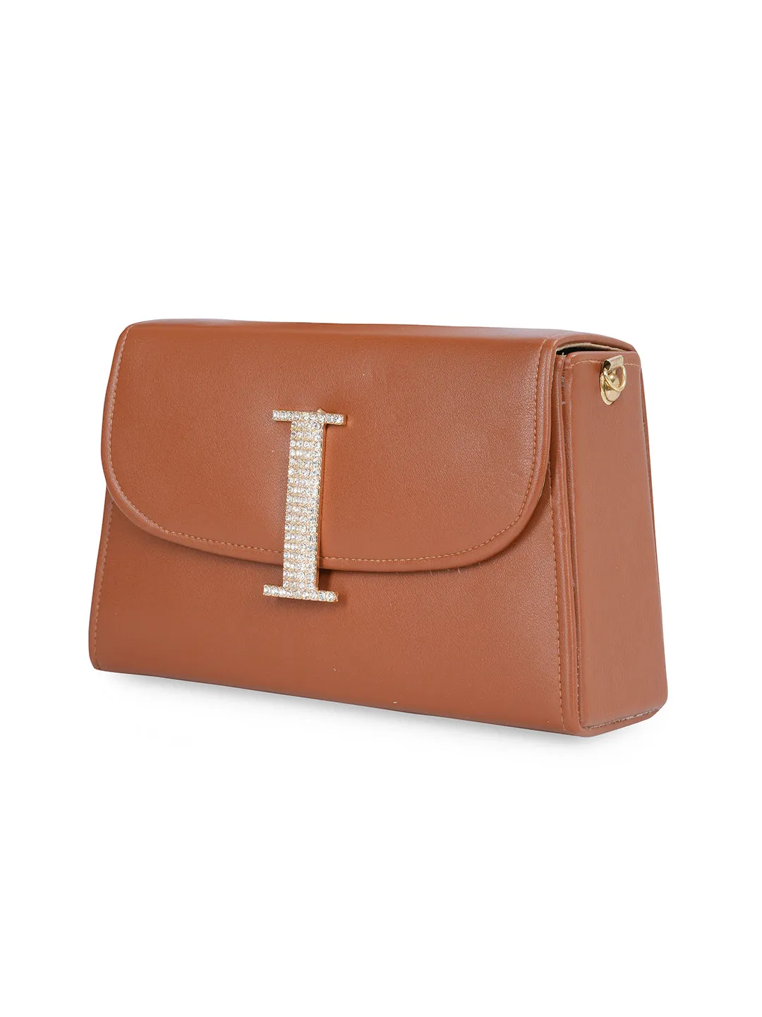 Tan I Alphabhet Intial Embellised Flap Bag