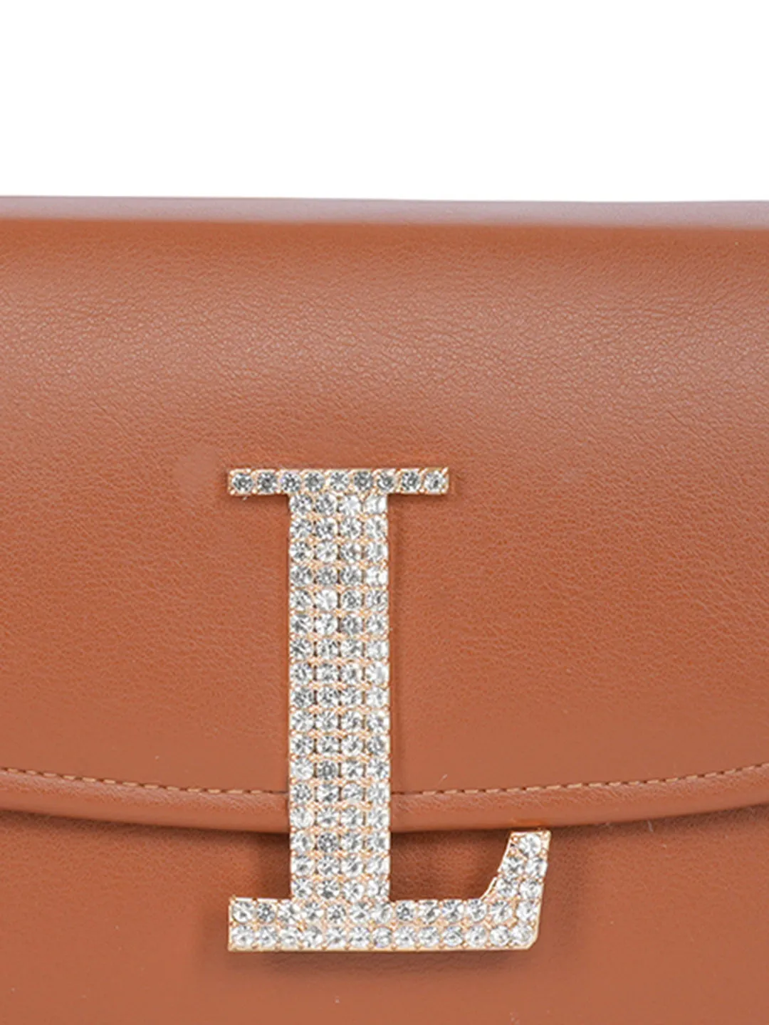 Tan L Alphabhet Intial Embellised Flap Bag