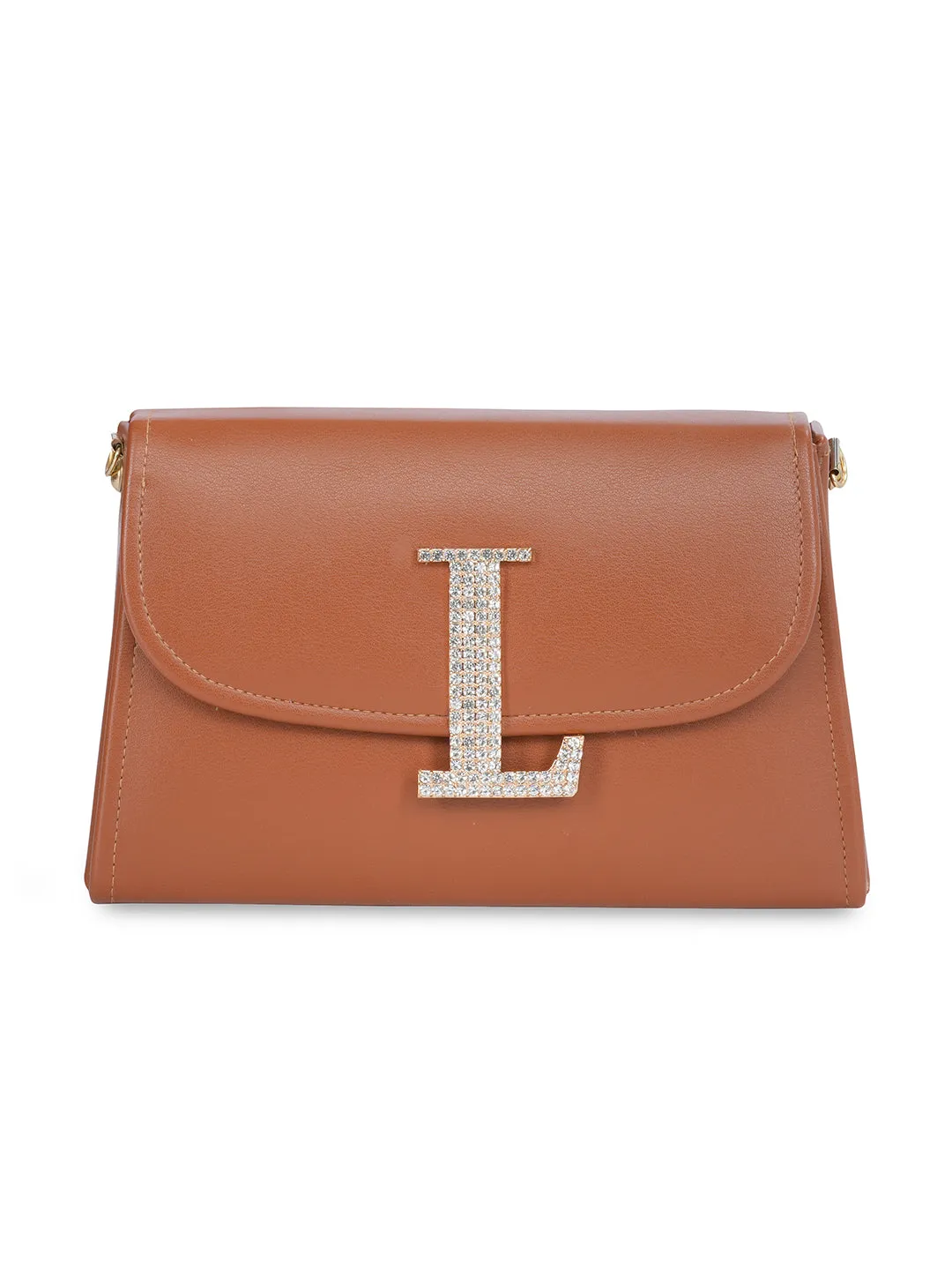 Tan L Alphabhet Intial Embellised Flap Bag
