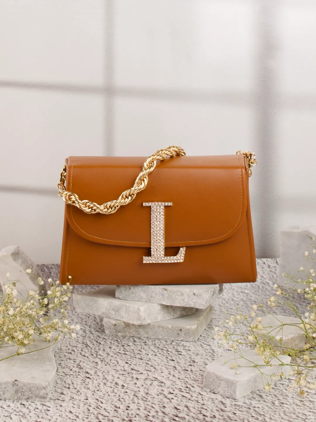Tan L Alphabhet Intial Embellised Flap Bag