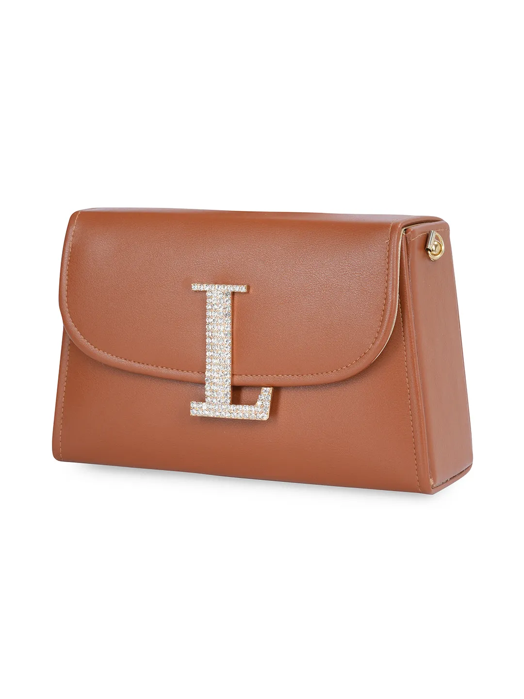 Tan L Alphabhet Intial Embellised Flap Bag