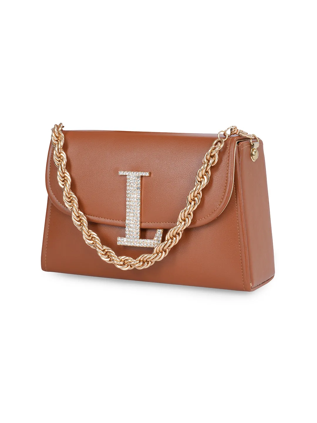 Tan L Alphabhet Intial Embellised Flap Bag