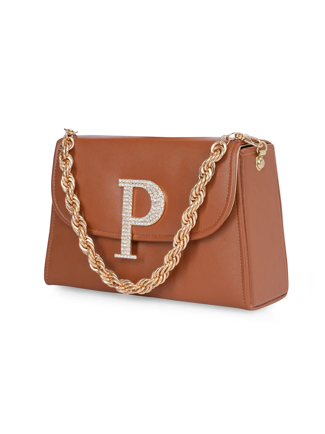 Tan P Alphabhet Intial Embellised Flap Bag