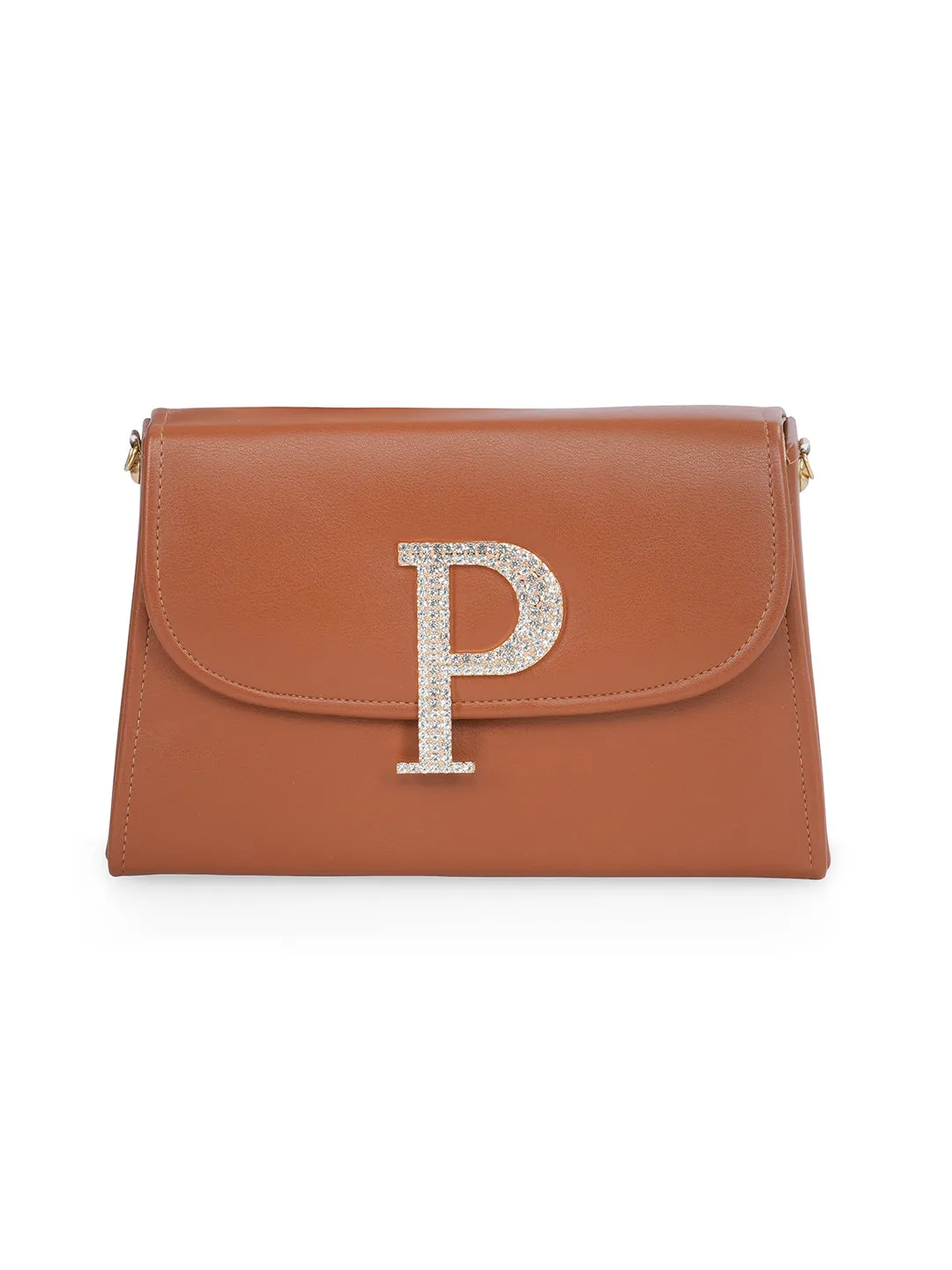 Tan P Alphabhet Intial Embellised Flap Bag