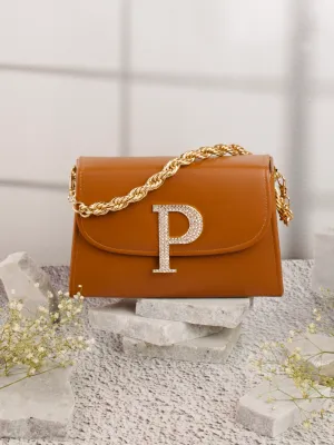 Tan P Alphabhet Intial Embellised Flap Bag