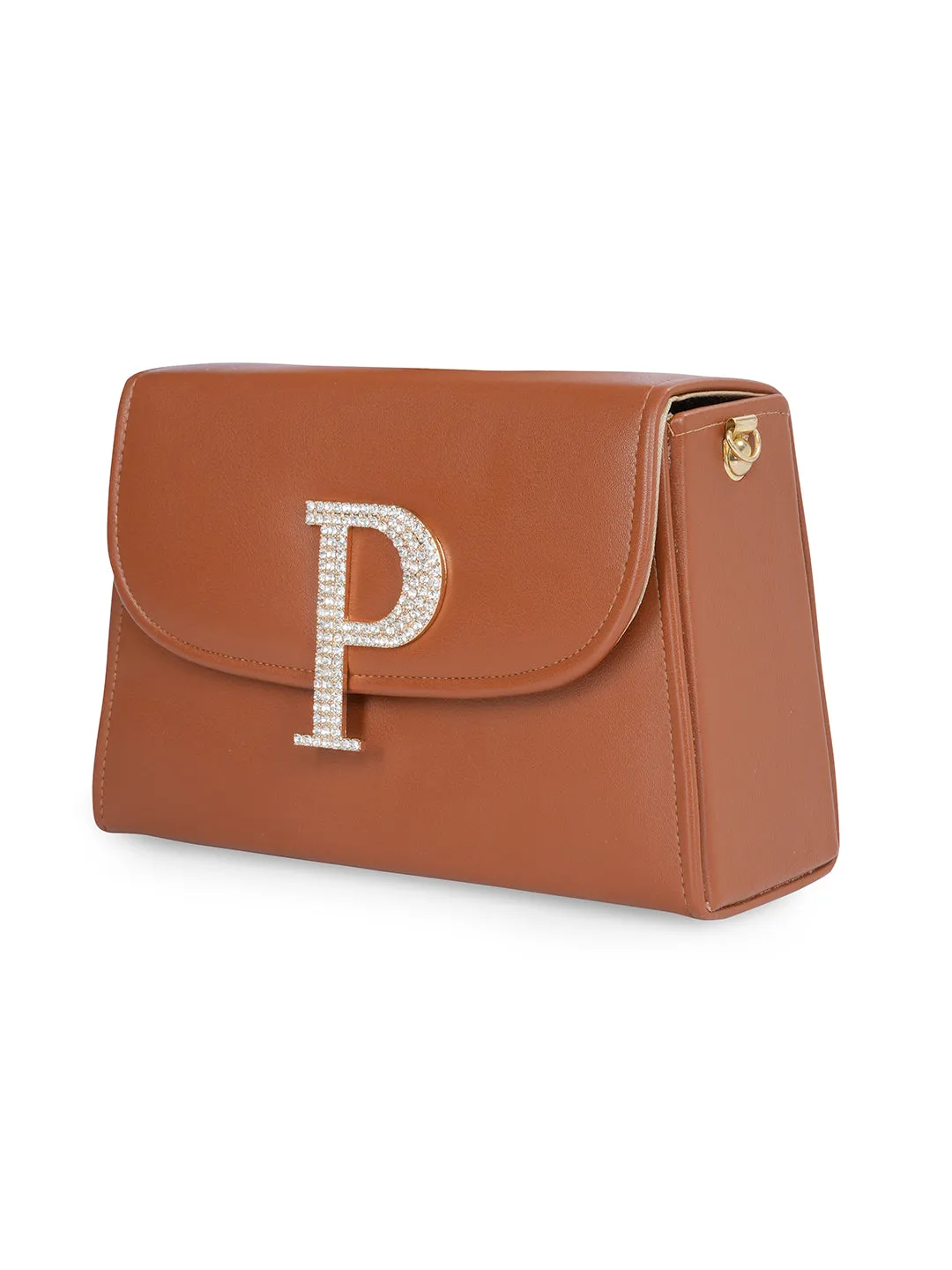 Tan P Alphabhet Intial Embellised Flap Bag