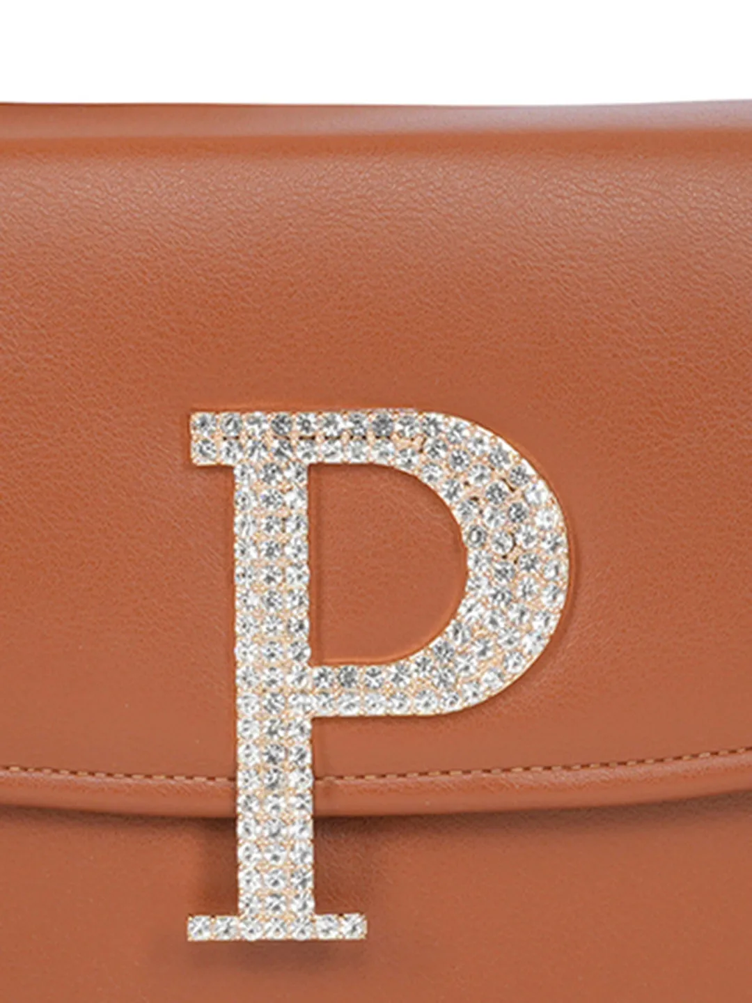 Tan P Alphabhet Intial Embellised Flap Bag