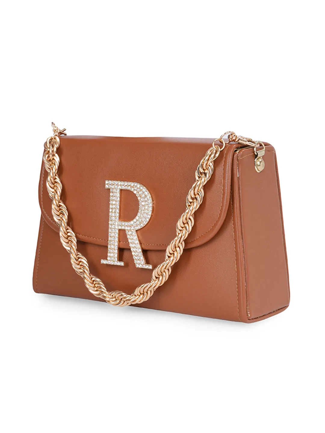 Tan R Alphabhet Intial Embellised Flap Bag