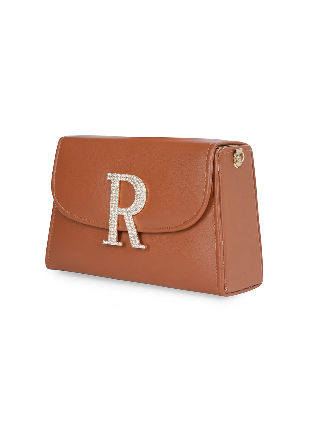 Tan R Alphabhet Intial Embellised Flap Bag