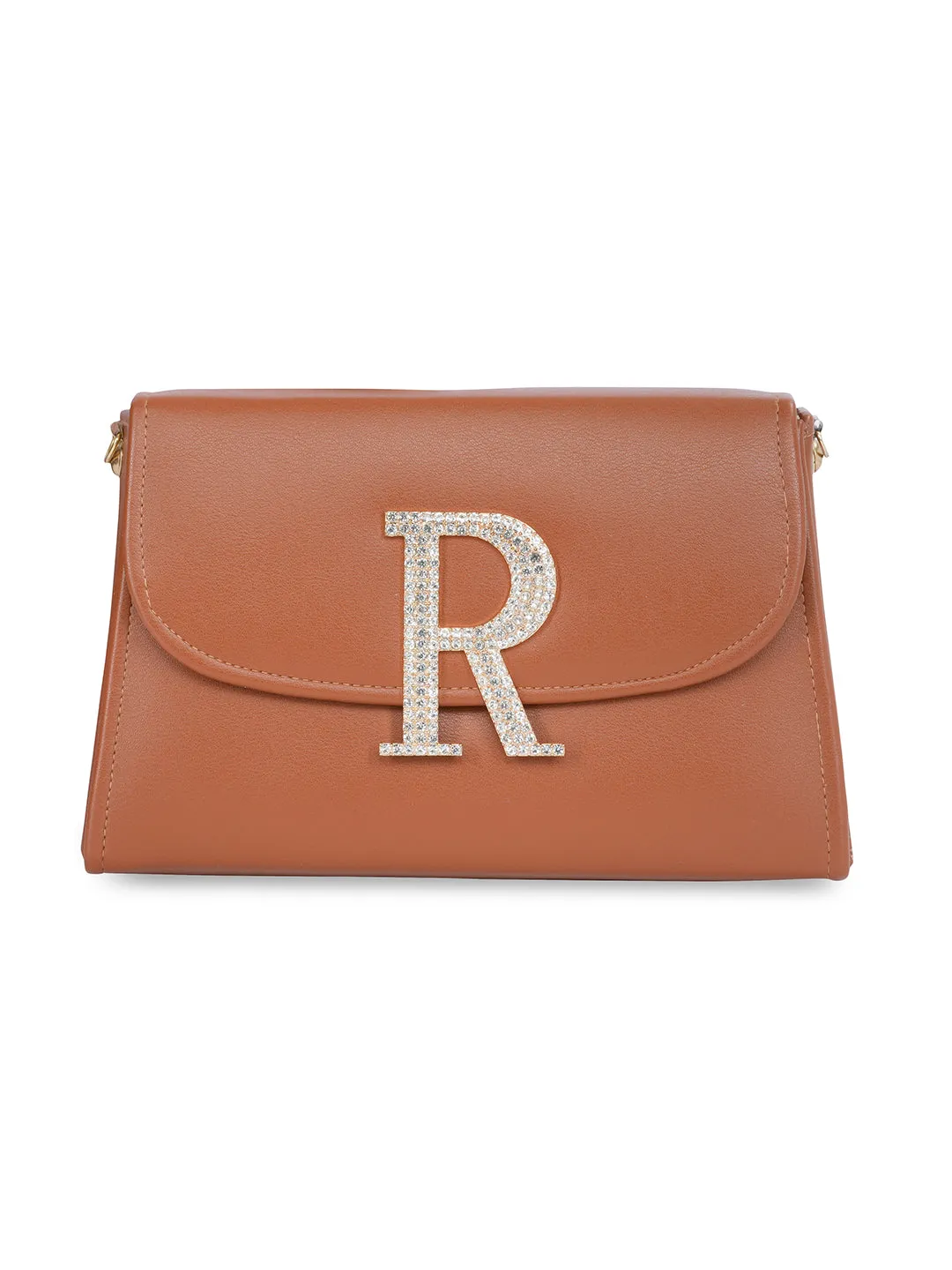 Tan R Alphabhet Intial Embellised Flap Bag