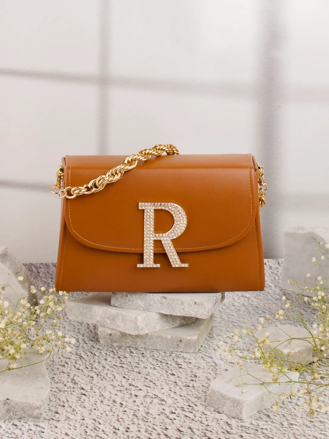 Tan R Alphabhet Intial Embellised Flap Bag