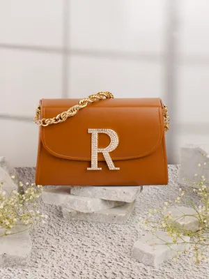 Tan R Alphabhet Intial Embellised Flap Bag