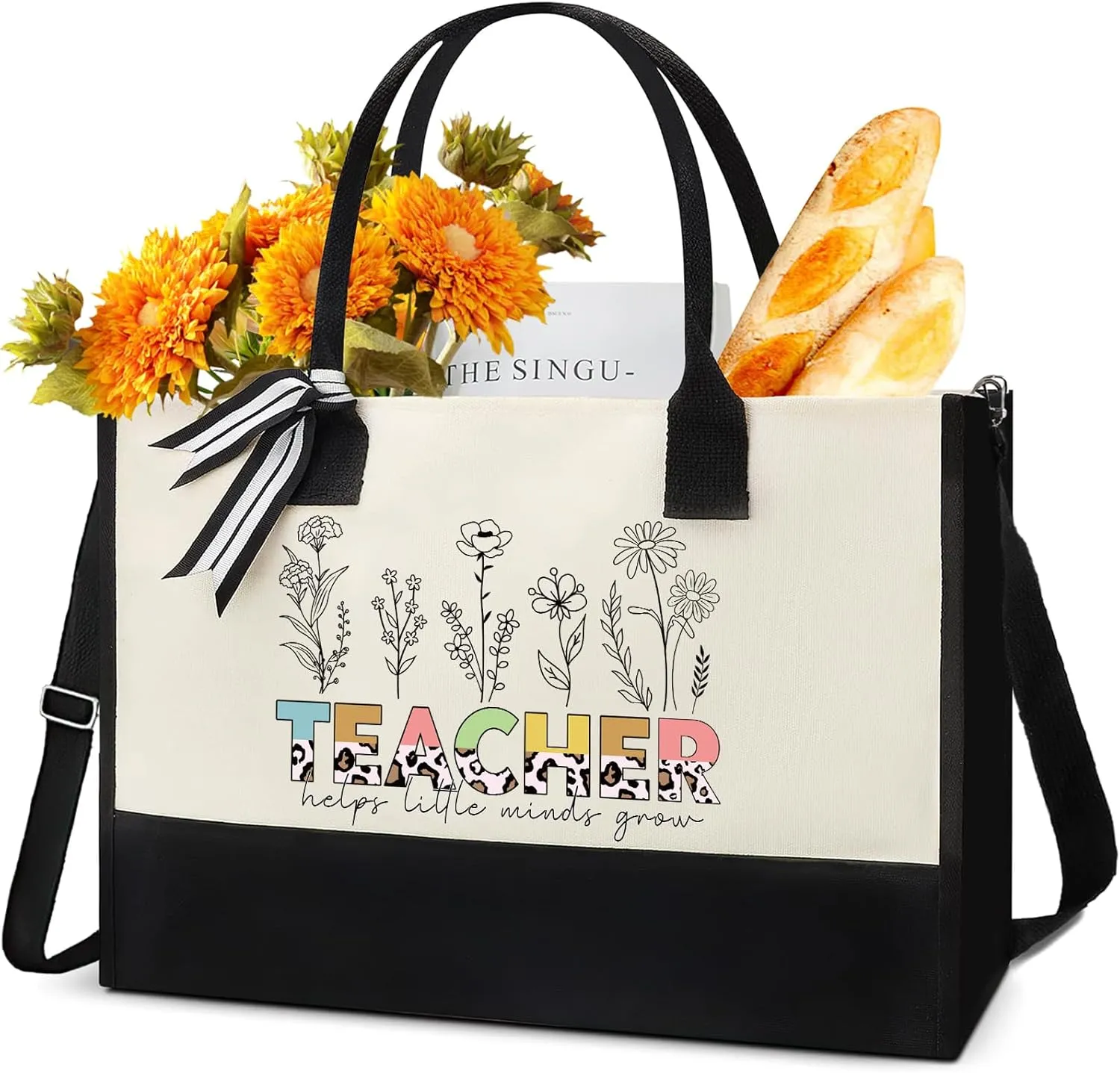 Teacher Gifts Tote Bag - Tote Bag with Zipper Flower Reusable Handbag Thank You Teacher Retirement Appreciation 2025 Graduation Gifts for Teacher Women Birthday