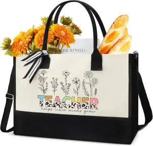 Teacher Gifts Tote Bag - Tote Bag with Zipper Flower Reusable Handbag Thank You Teacher Retirement Appreciation 2025 Graduation Gifts for Teacher Women Birthday