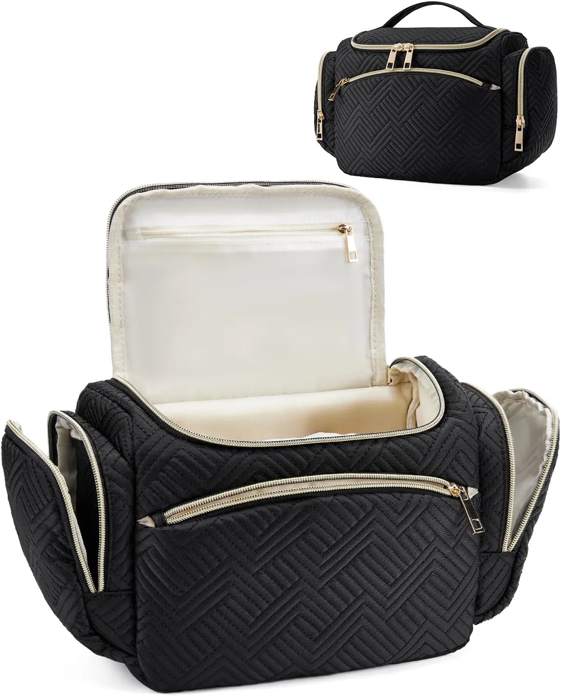 Telena Travel Toiletry Makeup Bag - Multifunctional Cosmetic Organizer Pack,Water Resistant Essentials for Women & Men, Portable Foldable Toiletries Kit, Dry and Wet Separation, Large Capacity, Black
