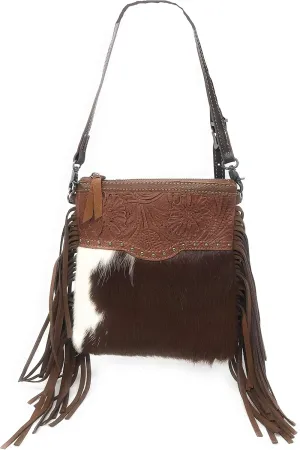 Texas West Western Genuine Leather Cowhide Fur Fringe Womens Crossbody Bag in 3 Colors. Cow fur may vary.