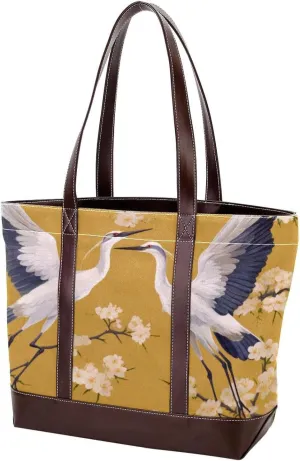 The Tote Bag For Women,Tote Bag With Zipper,Canvas Tote Bag,Bird and Flower Crane Handbags