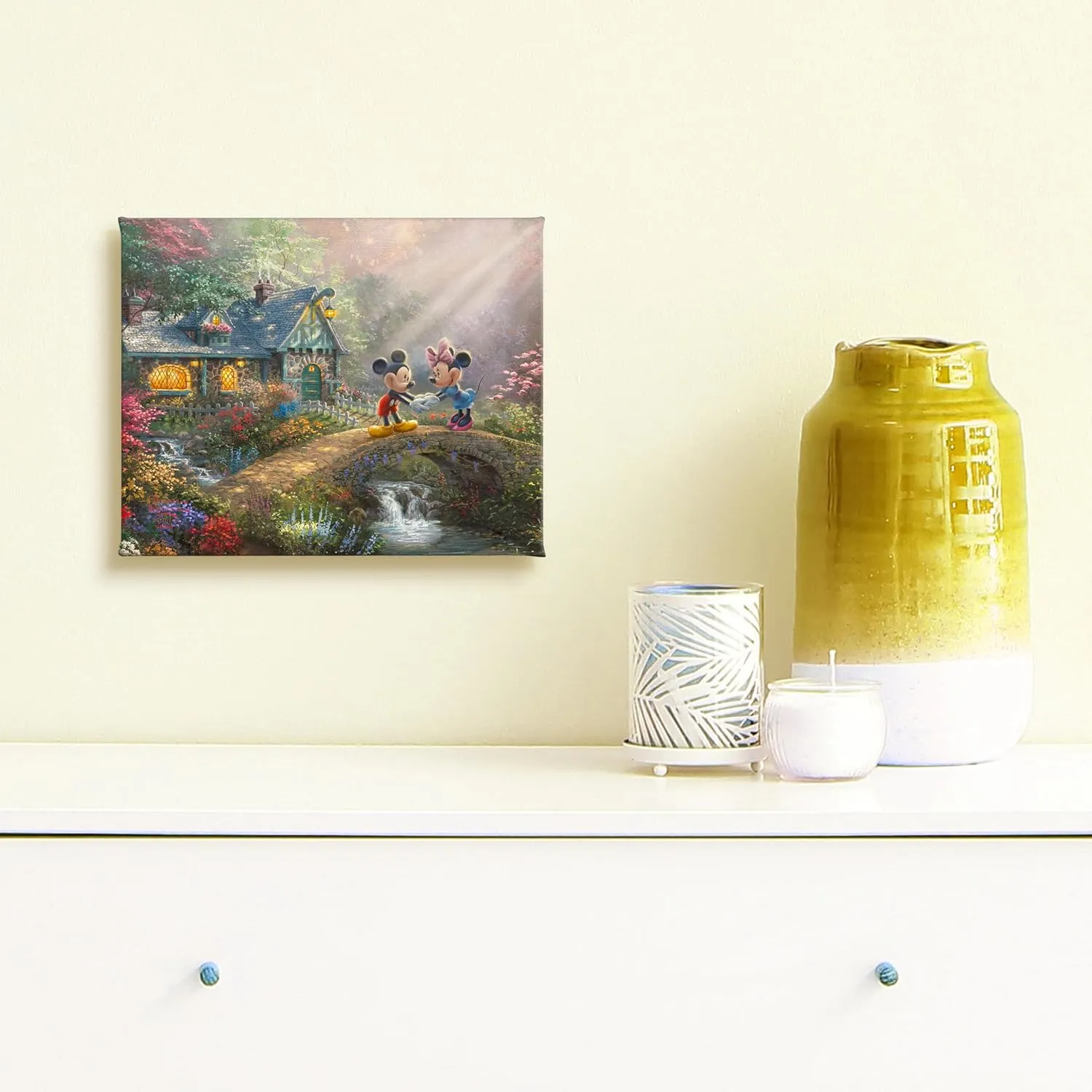 Thomas Kinkade Studios Disney's Mickey and Minnie Sweetheart Bridge 8 x 10 Gallery Wrapped Canvas