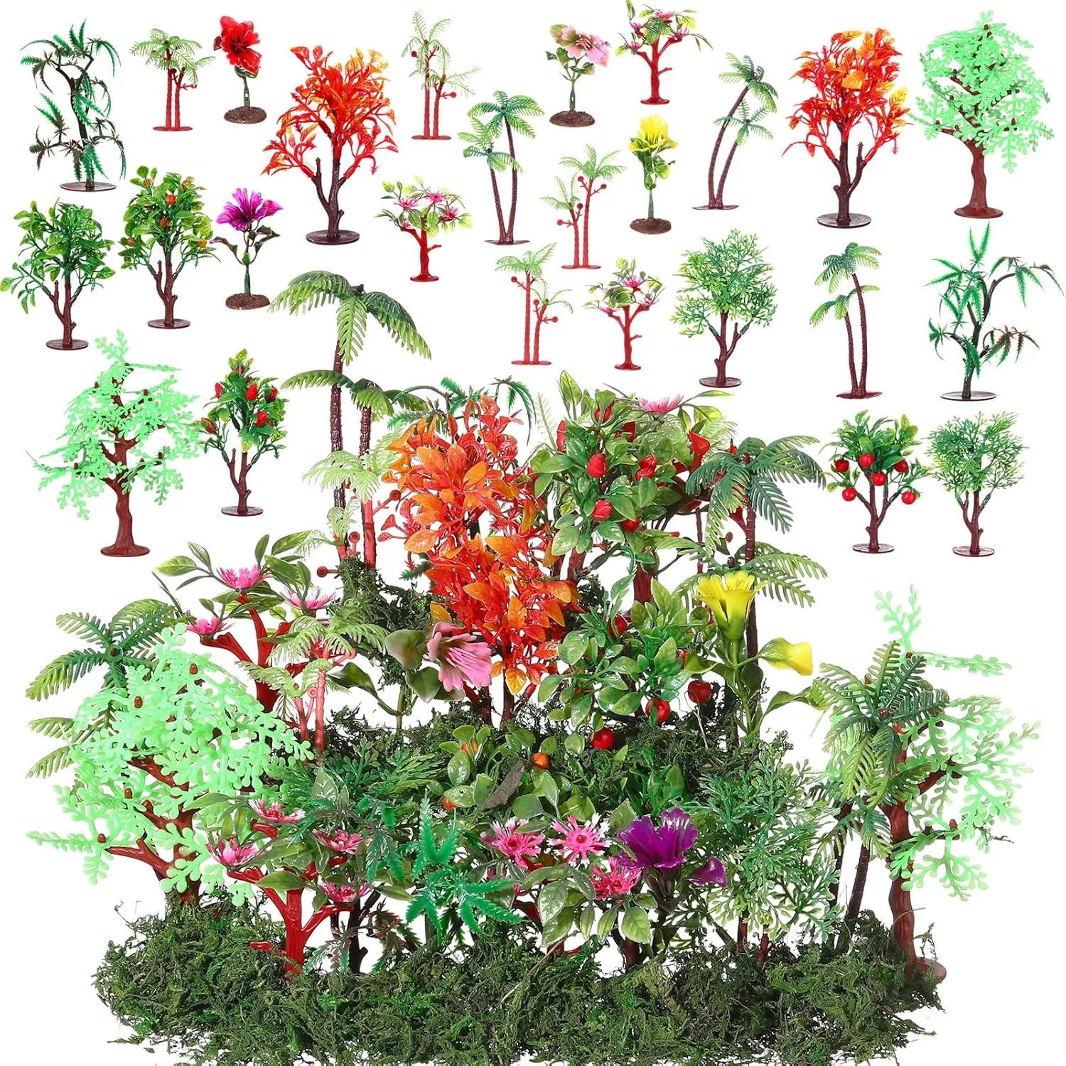 Tigeen 28 Pcs Model Trees Mixed Model with 1.4 Ounce Faux Green Moss Decor Tree Train Scenery Architecture for DIY Crafts, Building, Scenery Landscape(Mixed Trees)