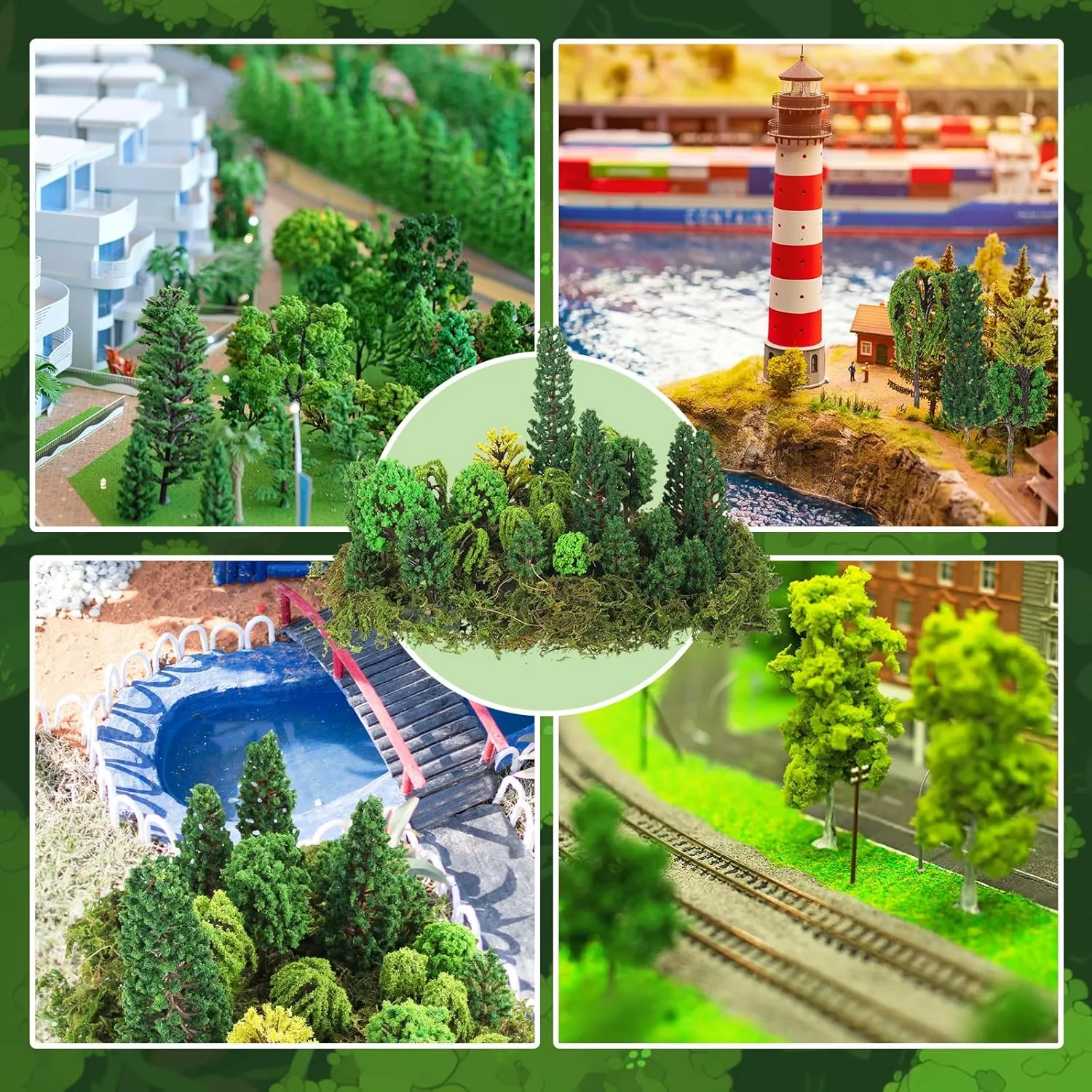 Tigeen 28 Pcs Model Trees Mixed Model with 1.4 Ounce Faux Green Moss Decor Tree Train Scenery Architecture for DIY Crafts, Building, Scenery Landscape(Natural Green)