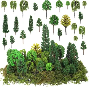 Tigeen 28 Pcs Model Trees Mixed Model with 1.4 Ounce Faux Green Moss Decor Tree Train Scenery Architecture for DIY Crafts, Building, Scenery Landscape(Natural Green)
